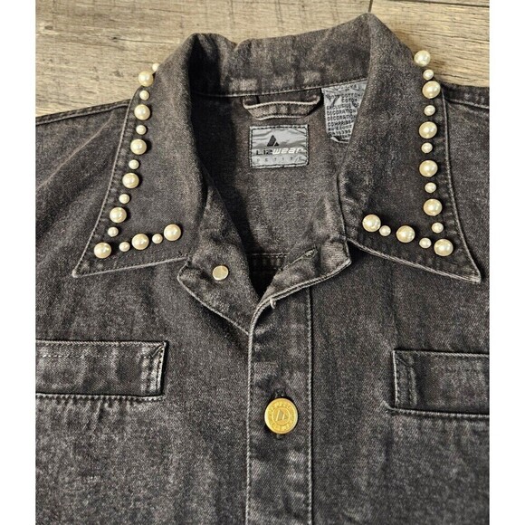 Liz Claiborne Vintage Lizwear Black Denim Jacket Pearls Japanese Flowers - Picture 5 of 14